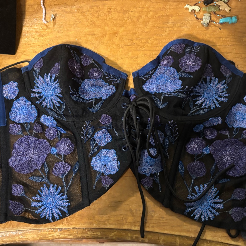For Love And Lemons Black and Blue Floral Lace-Up Bustier - Picture 7 of 8